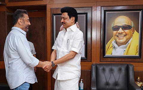 Tamil Nadu Chief Minister MK Stalin and Makkal Needhi Maiam (MNM) leader Kamal Haasan during a meeting, at the DMK office in Chennai, Saturday, March 9, 2024.