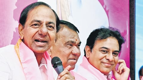 Former chief minister K Chandrasekhar Rao chairs a BRS meeting ahead of the Lok Sabha polls at the Telangana Bhavan in Hyderabad on Thursday