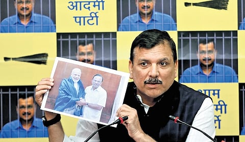 AAP MP Sanjay Singh addresses a press conference on Friday
