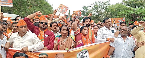 Supporters of Himanshu Sekhar Sahu from Dharmasala Assembly segment gathered in front of the party office for the third day in a row to protest Smruti Rekha Pahi’s nomination from the constituency.
