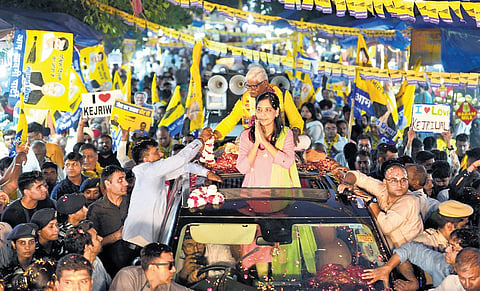 Sunita Kejriwal at a roadshow in West Delhi on Sunday