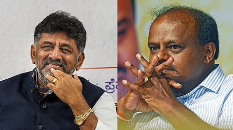 Karnataka Deputy Chief Minister D K Shivakumar (L), JD(S) leader and former Chief Minister H D Kumaraswamy