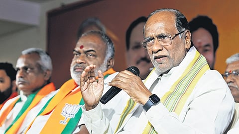BJP MP and OBC Morcha national president K Laxman addresses the gathering at the BJP state office in Nampally, Hyderabad