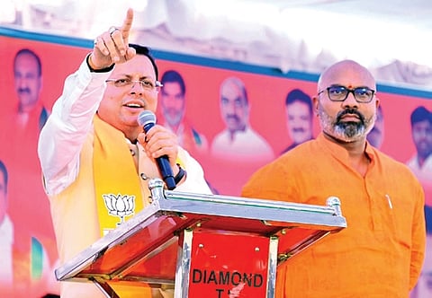 Uttarakhand Chief Minister Pushkar Singh Dhami addresses a public meeting in Nizamabad on Thursday