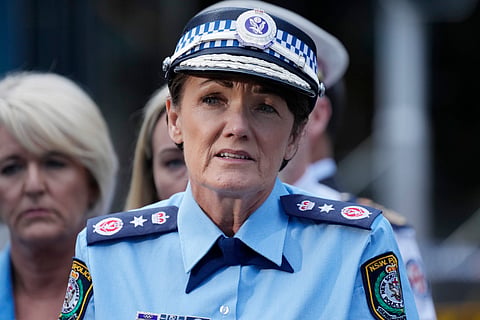 Karen Webb, Police Commissioner of New South Wales state speaks to media at Bondi Junction in Sydney, Sunday, April 14, 2024, after several people were stabbed to death at a shopping center Saturday.