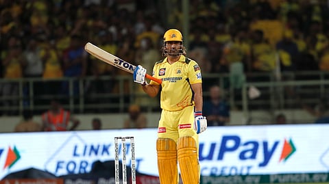 Chennai Super Kings' MS Dhoni stands in his crease during the Indian Premier League cricket match against Delhi Capitals in Visakhapatnam, India, Sunday, March. 31, 2024.