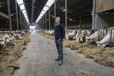Farmers Defence Force vice president Jos Ubels poses for a portrait at his farm in Anderen, Northern Netherlands, Monday, March 18, 2024.