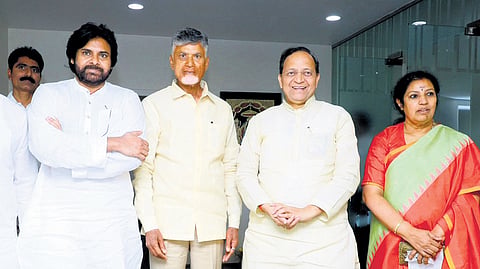 BJP State chief D Purandeswari, along with party Central leaders Arun Singh and Sidharth Nath Singh, and Jana Sena Party president Pawan Kalyan met TDP supremo N Chandrababu Naidu at the latter’s residence in Undavalli on Friday