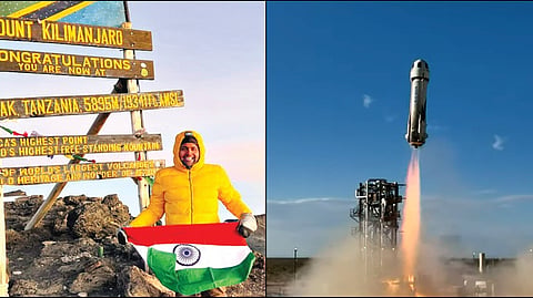 Gopichand Thotakura (L), Blue Origin’s New Shepard-25 (R)