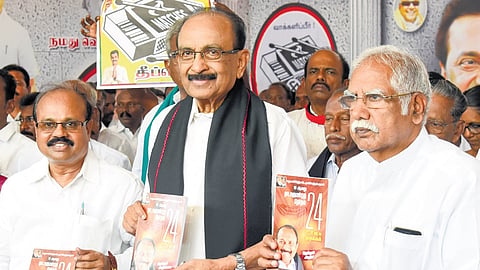MDMK general secretary Vaiko releasing the party’s parliamentary election manifesto in Tiruchy on Saturday | M K Ashok Kumar