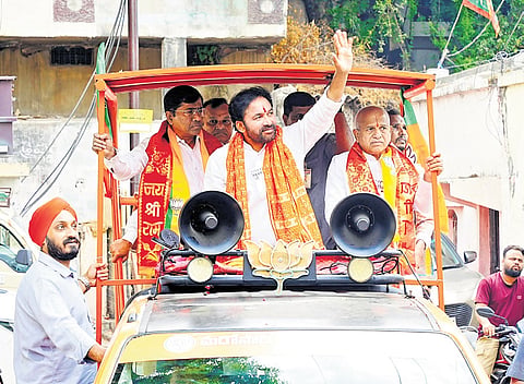 BJP state president and Union minister G Kishan Reddy takes part in an election campaign in Khairatabad under Secunderabad Lok Sabha segment on Saturday.