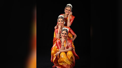 Suman Velagapudi (bottom), Monika Ladha (middle) and Lakshmi Ramani (top most), all in their forties, had their Arangetram today in Bengaluru.