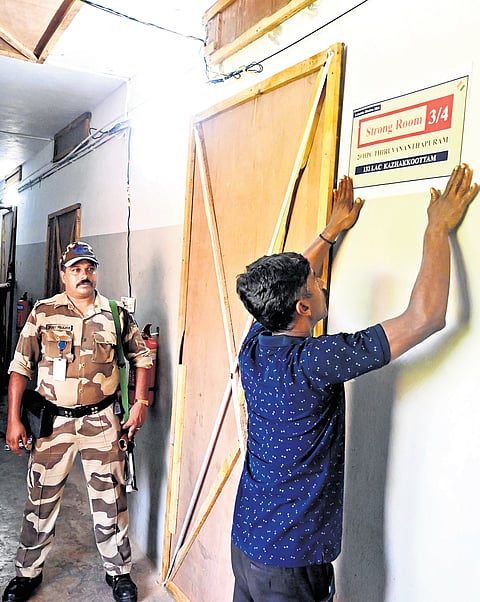 Election Commission officials undertake a second sealing of the strong room at Mar Ivanios College, Thiruvananthapuram, on Saturday. The counting of votes will be held on June 4.