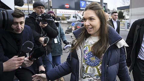 Simona Halep is surrounded by media before a hearing at the International Court of Arbitration for Sport in Lausanne, Switzerland, Wednesday, Feb 7, 2024.