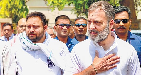 Rahul Gandhi and Tejashwi Yadav at an election rally in Bhagalpur on Saturday.