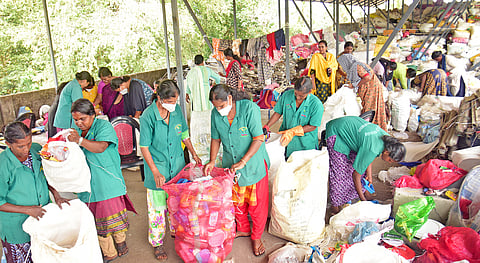 Haritha Karma Sena workers segregate the non-biodegradable waste at the material collection facility at Adoor in Pathanamthitta.