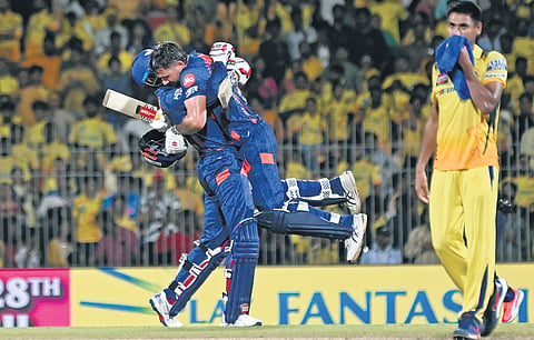 Lucknow Super Giants’ Marcus Stoinis and Deepak Hooda celebrate the win against Chennai on Tuesday