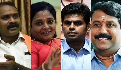 Left to Right - L Murugan, Tamilisai Soundararajan, K Annamalai, Nainar Nagendran.