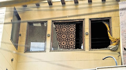 View of a residential building where a fire broke out in the Sadar Bazar area
