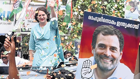 Congress leader Priyanka Gandhi during a roadshow in Wayanad