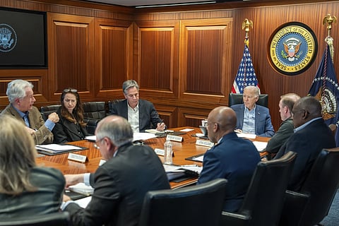 Image provided by the White House shows President Joe Biden, along with members of his national security team, receive an update on an ongoing airborne attack on Israel from Iran, as they meet in the Situation Room of the White House in Washington, Saturday, April 13, 2024.
