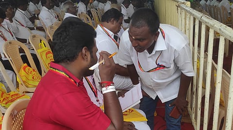 DMK functionaries during the party's booth committee meeting held in Tiruchy in July 2023