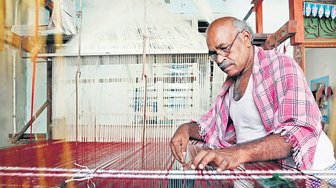 Velu, a 56-year-old weaver from Sevoor village in Arani of Tiruvannamalai, has been weaving silk sarees from the age of 13.