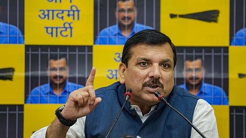 AAP MP Sanjay Singh addresses a press conference, in New Delhi, Tuesday, April 16, 2024.