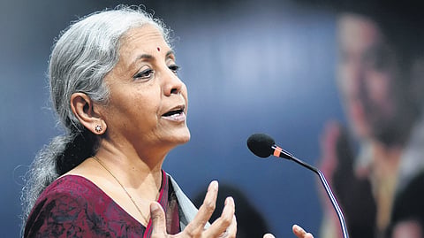 Nirmala Sitharaman addressing the Viksit Bharat Ambassador campus dialogue programme at Pallavaram on Tuesday