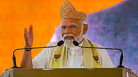 Prime Minister Narendra Modi addresses a public meeting, ahead of Lok Sabha elections, in Attingal, Kerala, Monday, April 15, 2024.