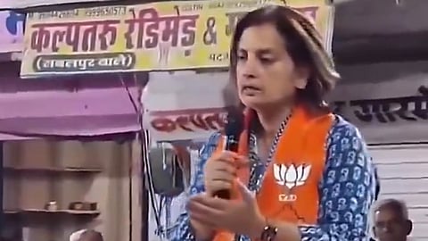 Jyoti Mirdha, the BJP's candidate for the Nagaur Lok Sabha seat in Rajasthan, speaks at a poll campaign during which she talks about her party's desire to amend the constitution.