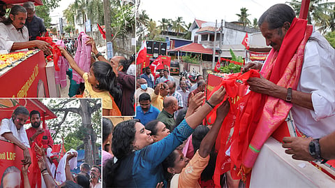 LDF candidate in Thiruvananthapuram, Pannian Raveendran, during his election campaign on Friday.