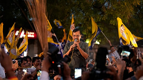 Delhi Chief Minister Arvind Kejriwal addresses supporters outside Tihar Jail after the Supreme Court (SC) granted him interim bail in a money laundering case.