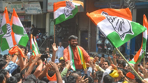 North East Delhi Lok Sabha Congress candidate of I.N.D.I.A. Alliance Kanhaiya Kumar during a road show after file his nomination papers, in New Delhi.