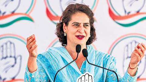 Congress leader Priyanka Gandhi Vadra addresses Nyay Sankalp Sabha for the Lok Sabha elections, in Banaskantha district, Saturday.