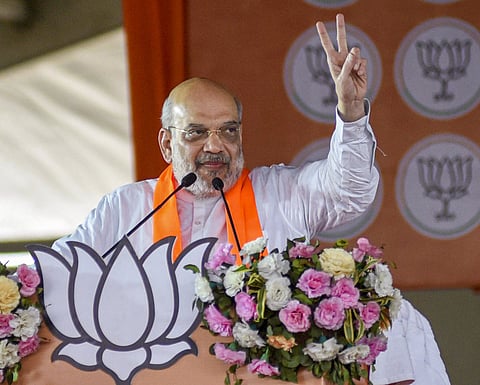 Union Home Minister Amit Shah addresses during a public meeting for Lok Sabha elections, in Samastipur, Bihar, Monday, May 6, 2024.