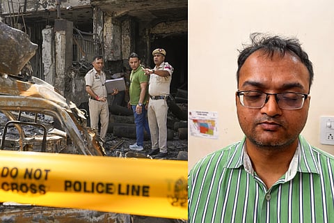 Policemen outside a children's hospital where a fire broke out on Saturday night at Vivek Vihar area, in New Delhi, Sunday, May 26, (L) Naveen Kichi, the owner of the Baby care centre