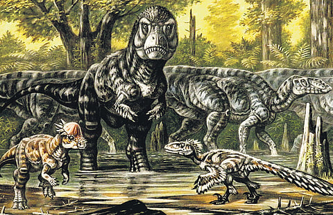 The ecosystem in which Tyrannosaurus rex lived, with other dinosaurs such as Dakotaraptor, Edmontosaurus, and Pachycephalosaurus
