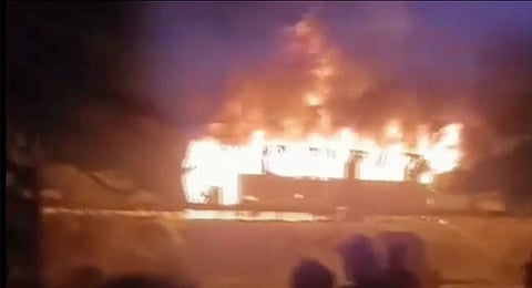 Flames out after a bus caught fire that left at least nine dead and twenty others injured, near Tauru in Haryana's Nuh district, in the early hours of Saturday, May 18, 2024.