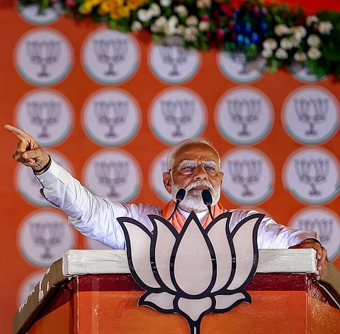 Prime Minister Narendra Modi addresses a public meeting for the Lok Sabha elections, in Pratapgarh, Thursday, May 16, 2024.