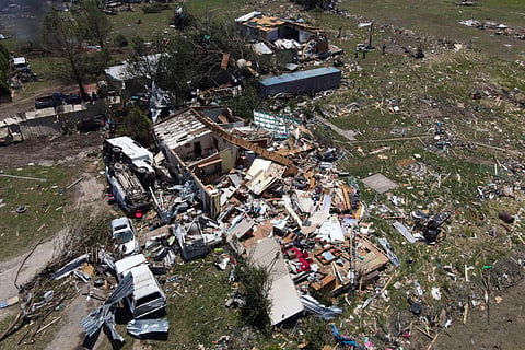 Destroyed homes are seen after a deadly tornado rolled through the previous night, Sunday, May 26, 2024, in Valley View, Texas.