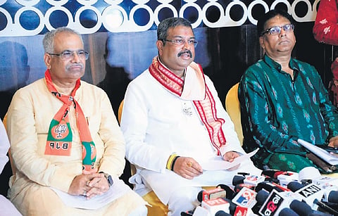 Pradhan addressing the media on Sunday