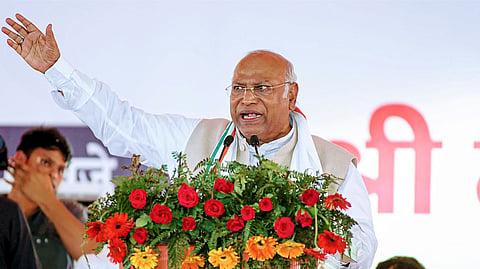 Congress President Mallikarjun Kharge addresses a public meeting for Lok Sabha polls, in Yamuna Nagar, Haryana, Tuesday, March 21, 2024.