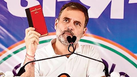Congress leader Rahul Gandhi addresses an election rally in Balangir on Wednesday