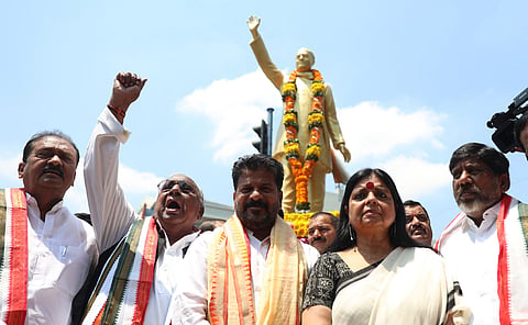Chief Minister A Revanth Reddy, Deputy Chief Minister Mallu Bhatti Vikramarka and other Congress leaders pay tributes to former prime minister Rajiv Gandhi on his death anniversary, at Somajiguda Circle in Hyderabad on Tuesday