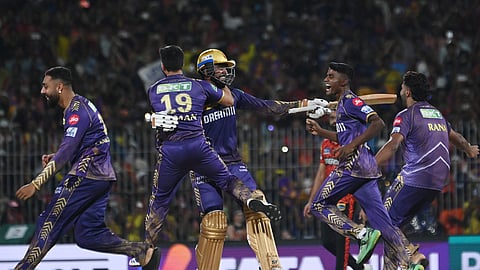 Kolkata Knight Riders celebrate their victory in the Indian Premier League (IPL) 2024 final cricket match against Sunrisers Hyderabad at MA Chidambaram Stadium, in Chennai.