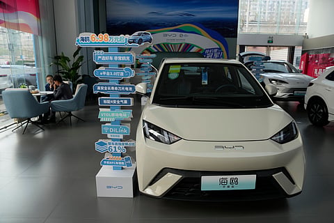 The Seagull electric vehicle from Chinese automaker BYD is displayed at a showroom in Beijing,