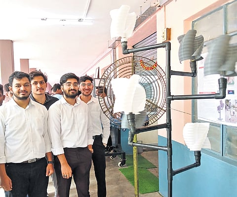 Mohammed Rashid, Mohammed Adnan, Mohammed Azeeb and Mohammed Talha, students of SJCE who developed the ‘Wind Tree’ model
