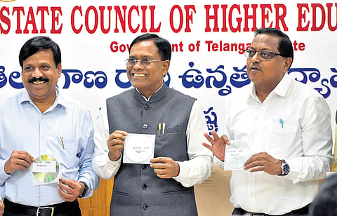 Professor R Limbadri, along with officials, releases the TS ECET exam results in Hyderabad on Monday