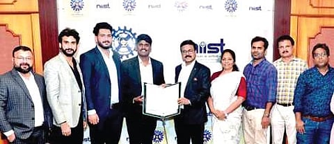 C Anandharamakrishnan, director, CSIR-NIIST, Thiruvananthapuram, and Jeswin George, director, Alter Wave Eco Innovations, exchanging MoU for transfer of technology for developing vegan leather.